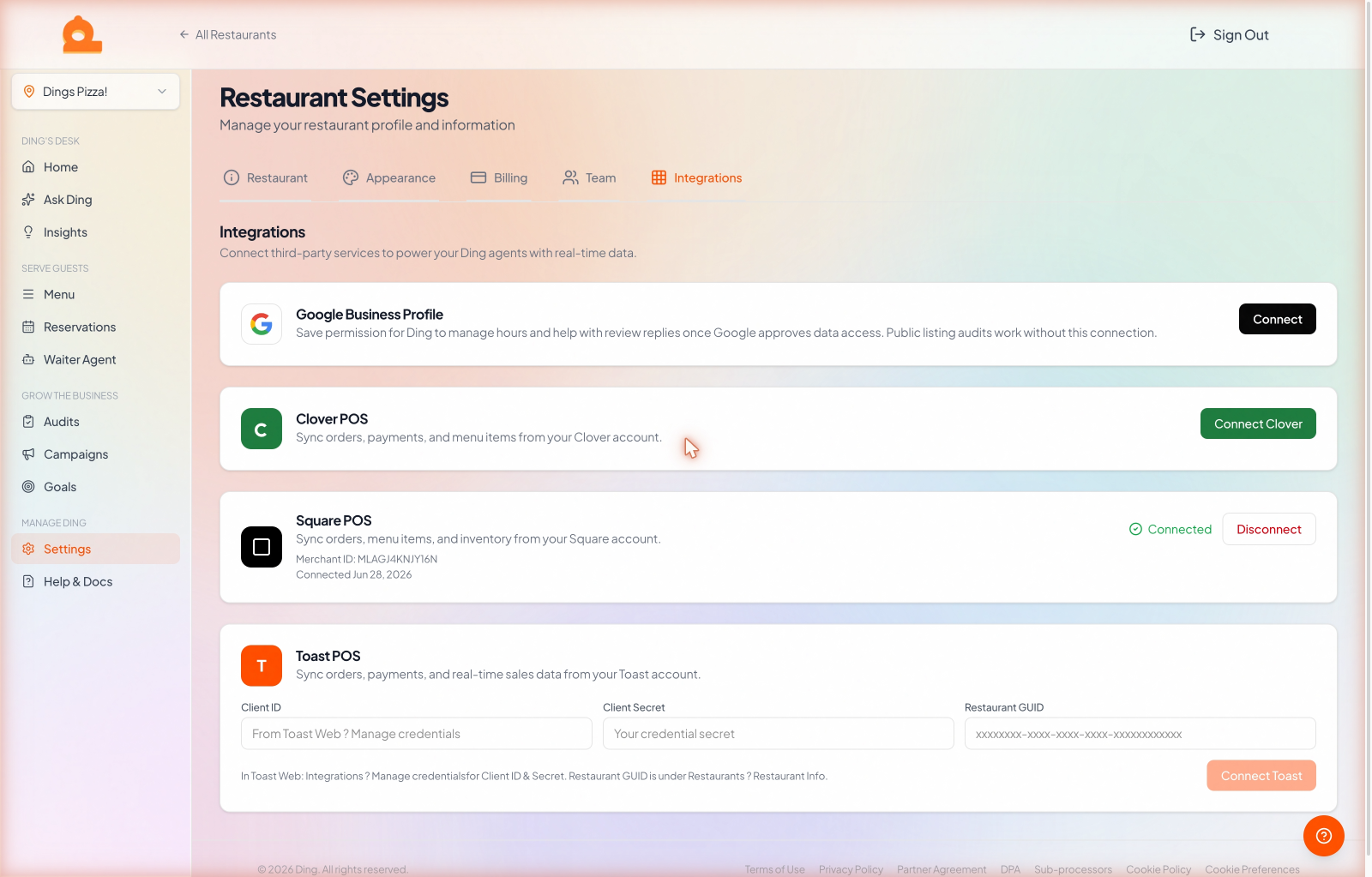 The Settings Integrations page with Square, Clover, and Toast connection options.