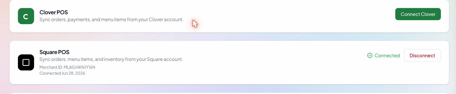 The POS connection showing a connected status and recent sync.