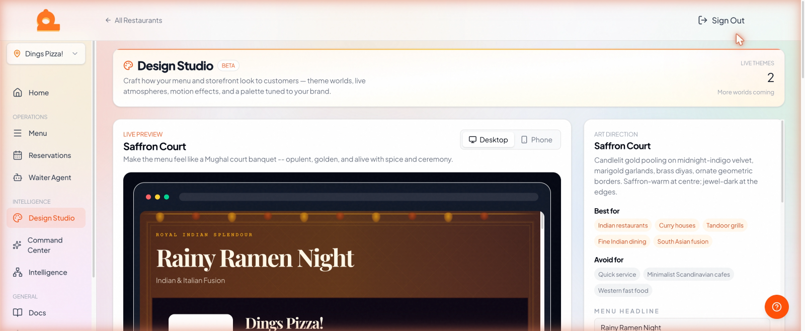 Design Studio with the live theme preview and the Desktop and Phone toggle.