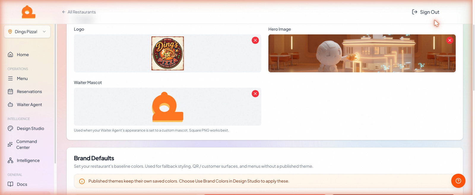 The Settings Appearance panel with logo, hero image, mascot, and brand color controls.