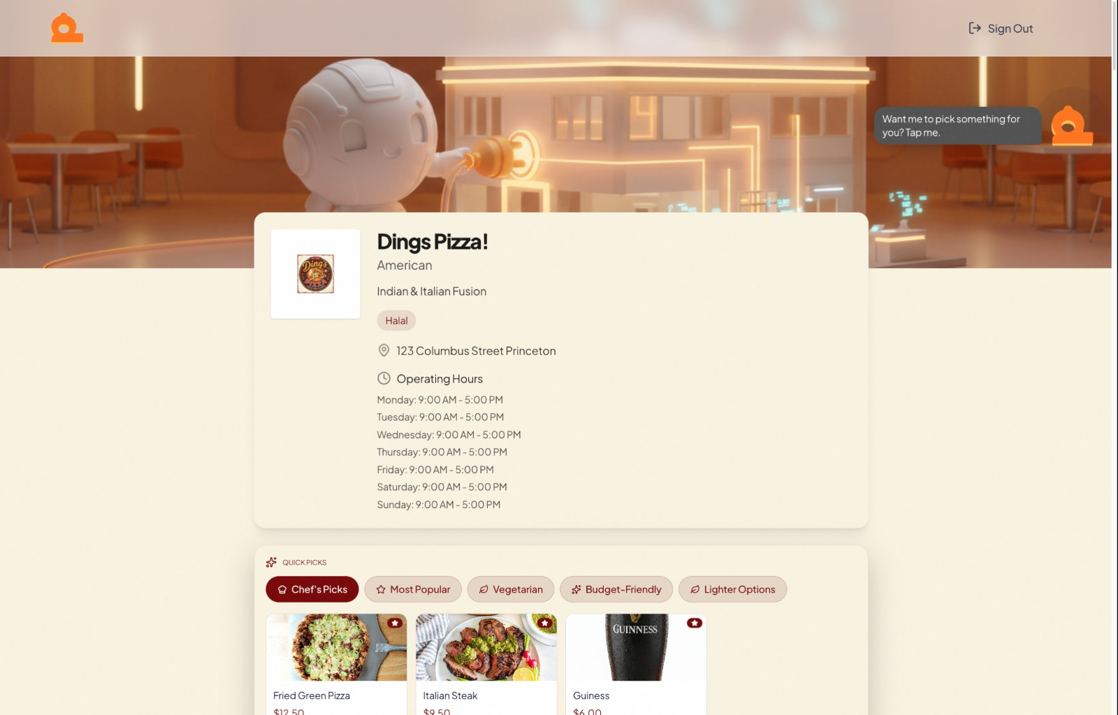 The public restaurant menu page as a guest sees it.