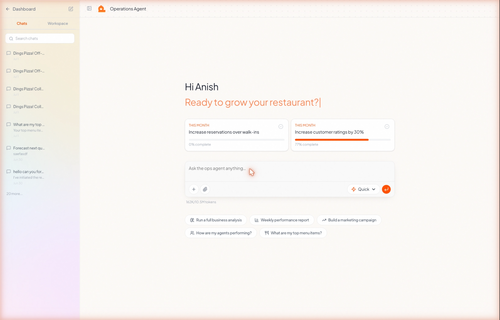 The Operations Agent surface with quick-action chips for analysis, campaigns, and menu actions.