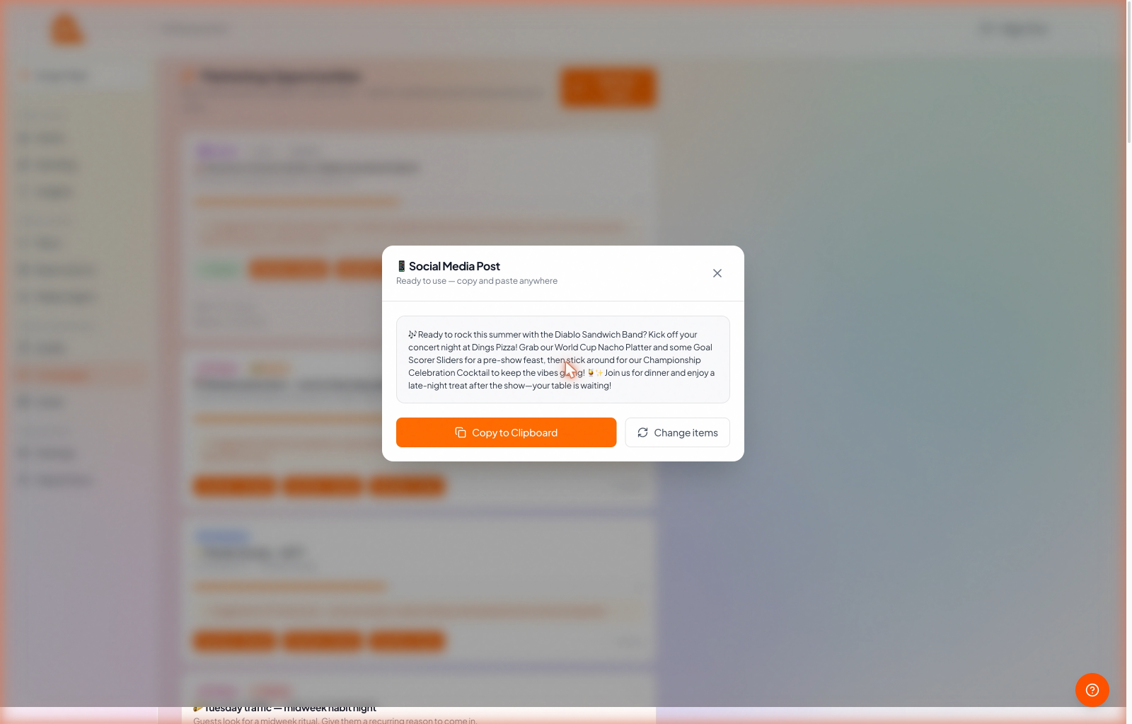 The generated Social Media Post preview with Copy to Clipboard and Change items buttons.