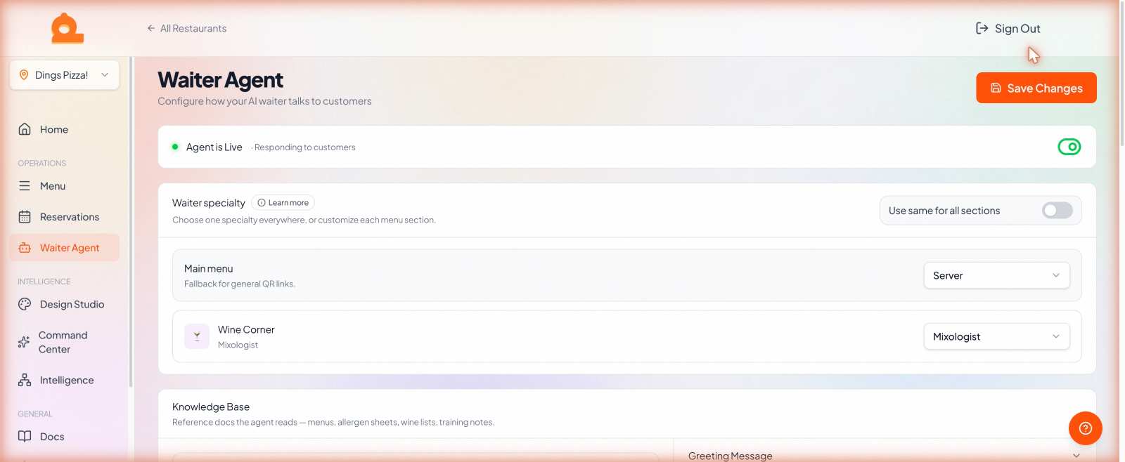 The Waiter Agent page showing per-section specialty assignment and the Save Changes button.