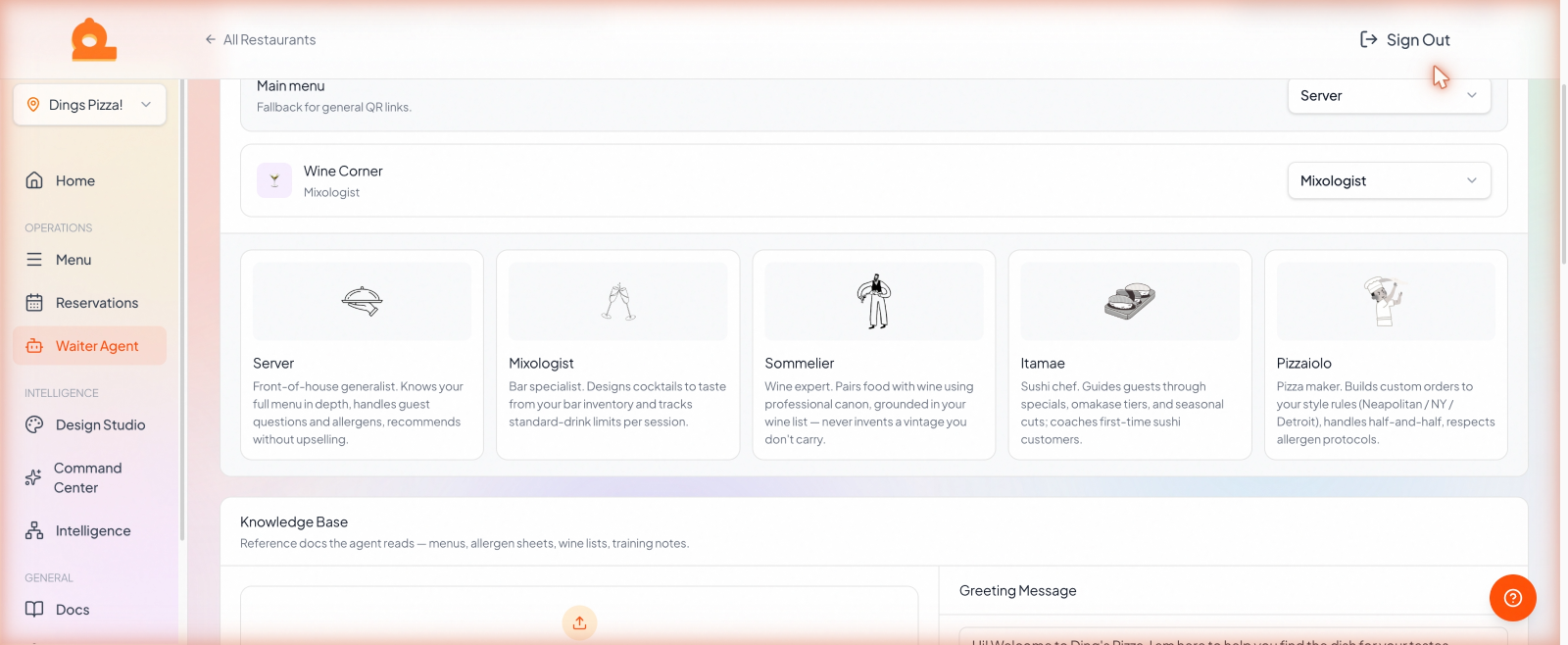 The specialty persona carousel with options like Sommelier, Itamae, and Pizzaiolo.