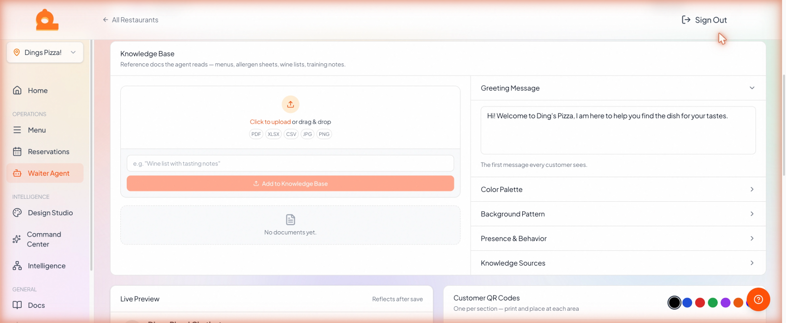 The Knowledge Base upload area with supported file types.
