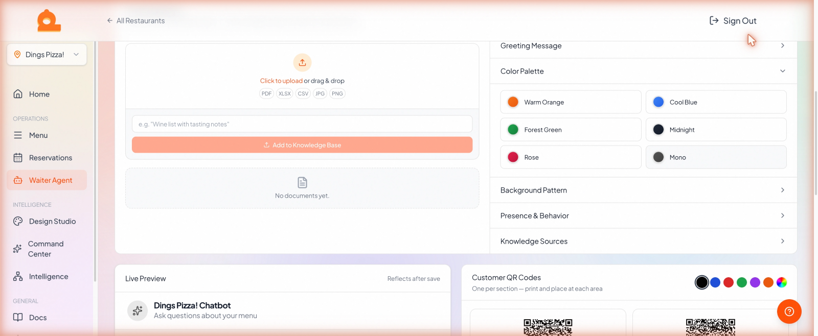 The customization panel with greeting, theme, and color palette controls.