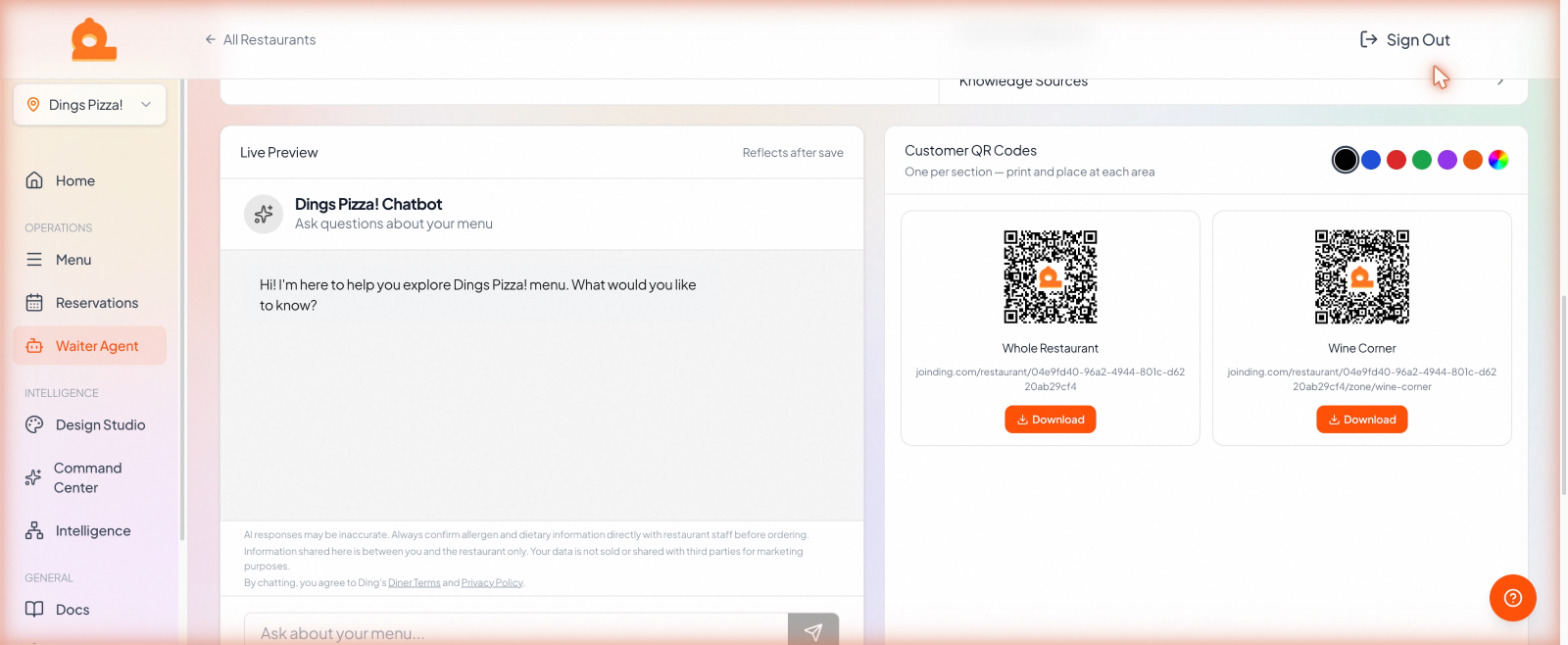 The live preview next to the generated QR code with its color picker.