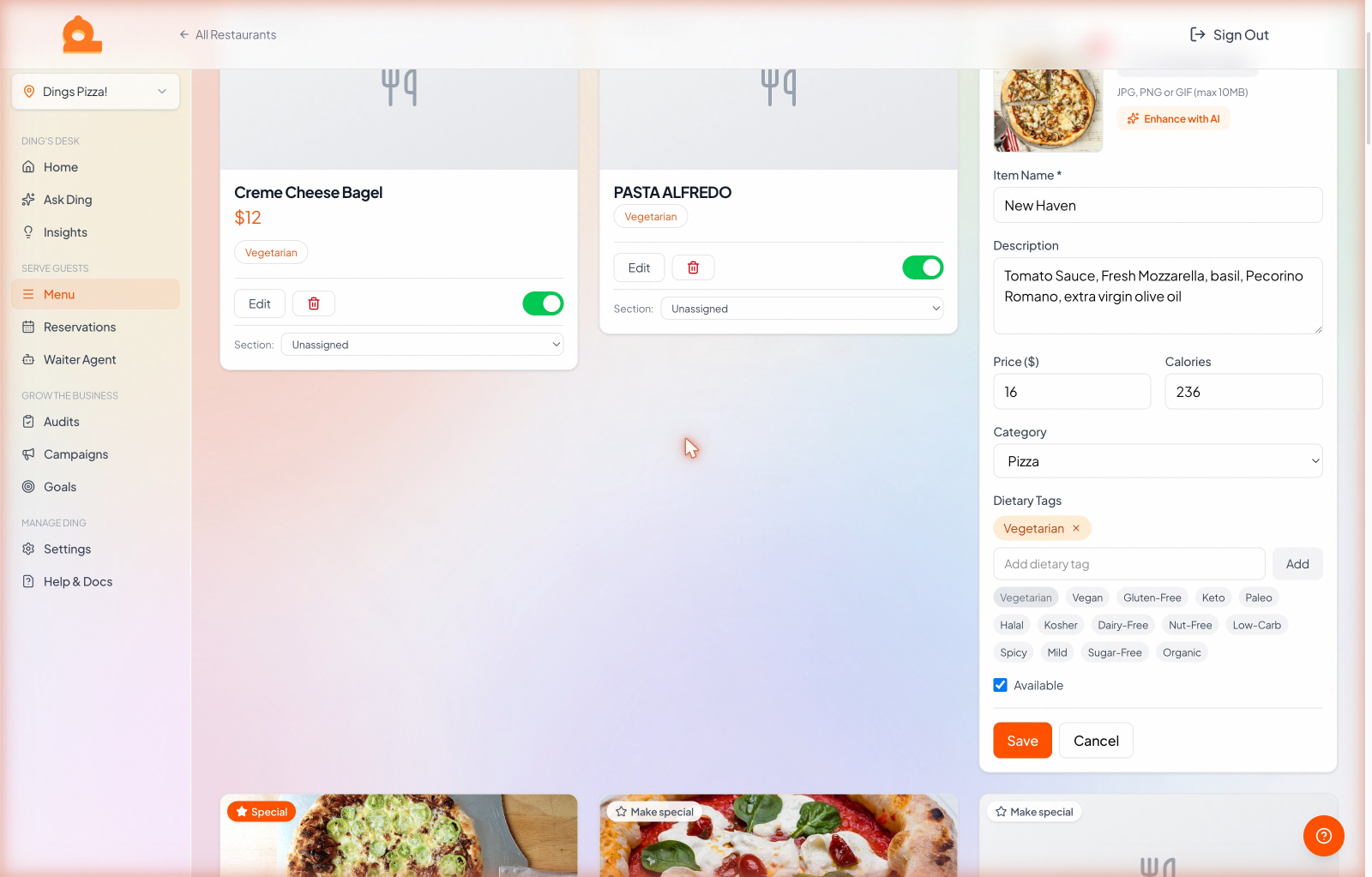 A menu item editor filled in with a detailed description and dietary tags.